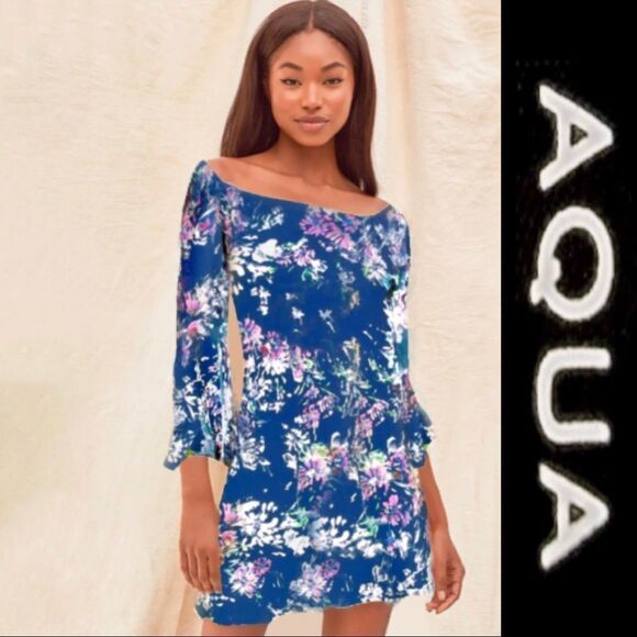 Aqua Floral Boat Neck Mini Dress - Picture 1 of 7